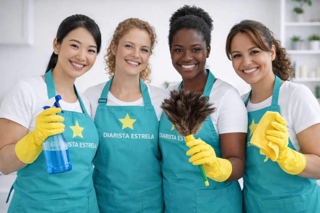 4 diaristas sorrindo segurando materiais de limpeza